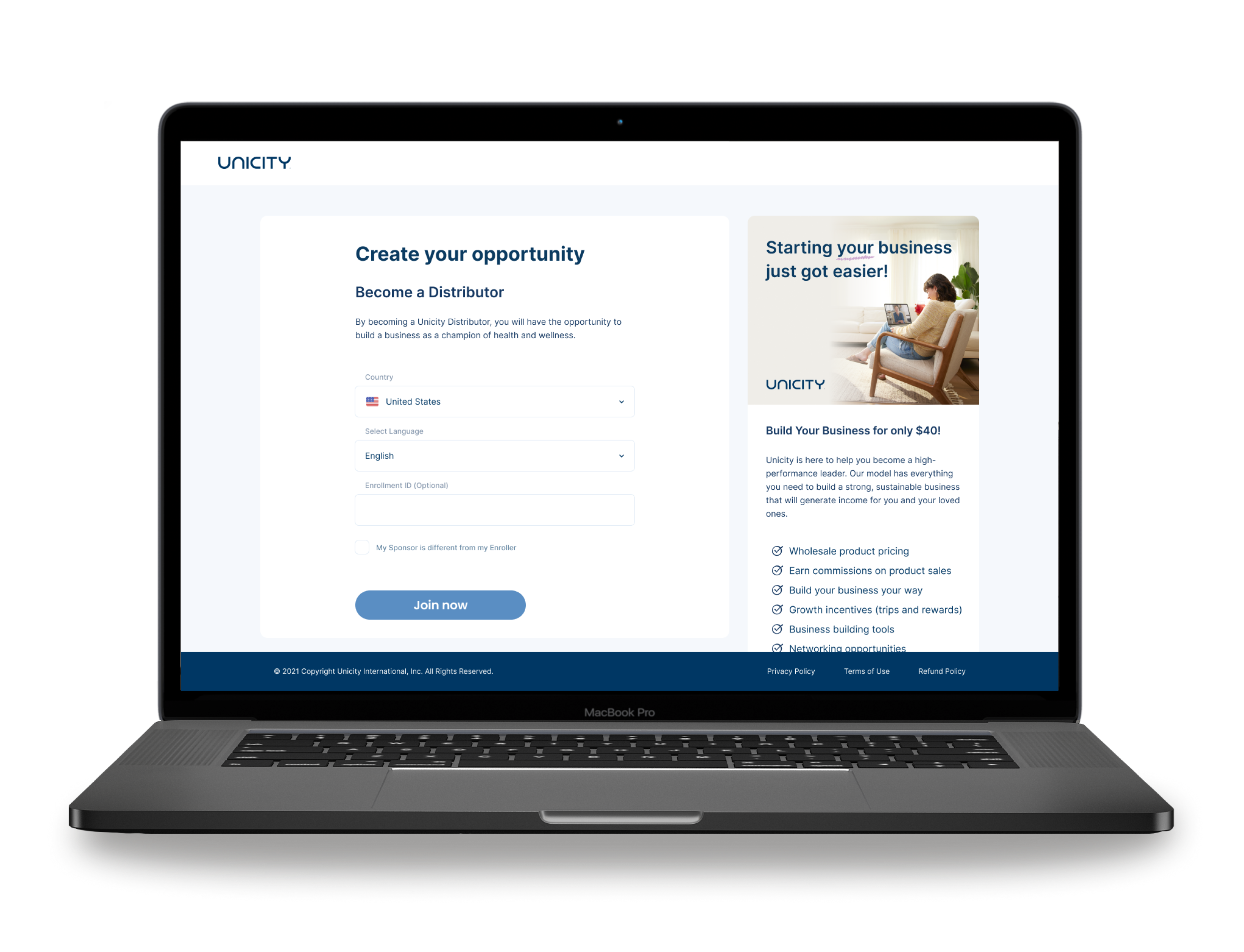 Unicity enrollment redesign — laptop mockup